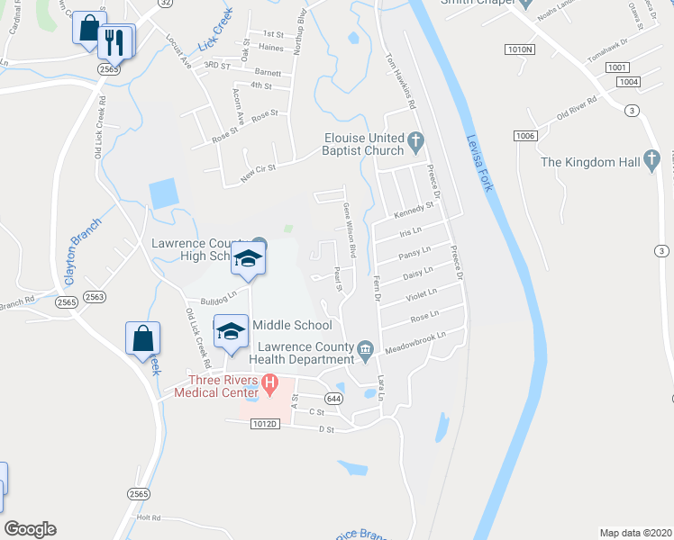 map of restaurants, bars, coffee shops, grocery stores, and more near Pearl Street in Louisa