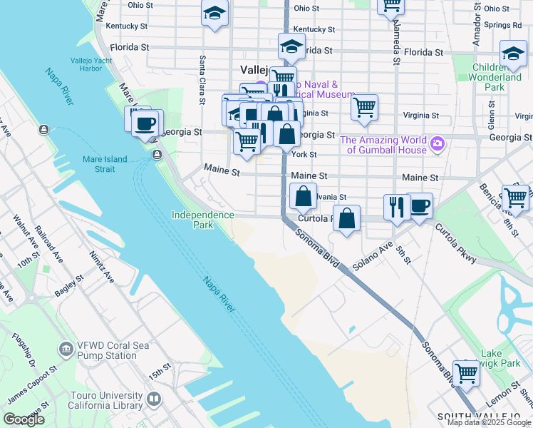 map of restaurants, bars, coffee shops, grocery stores, and more near 226 Curtola Parkway in Vallejo