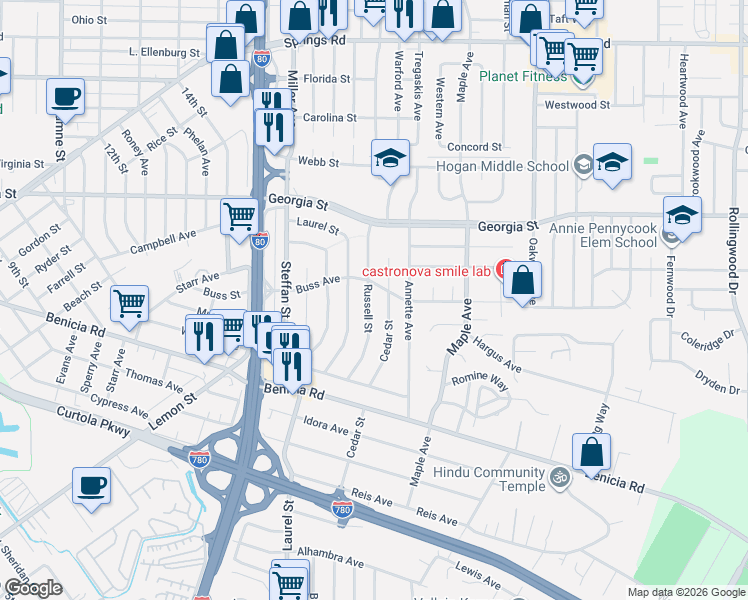 map of restaurants, bars, coffee shops, grocery stores, and more near 567 Cedar Street in Vallejo