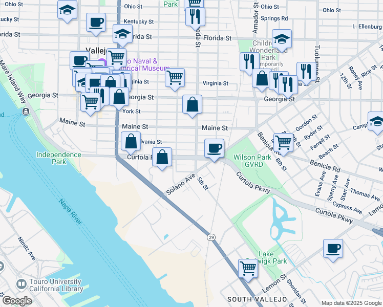 map of restaurants, bars, coffee shops, grocery stores, and more near 640 Curtola Parkway in Vallejo