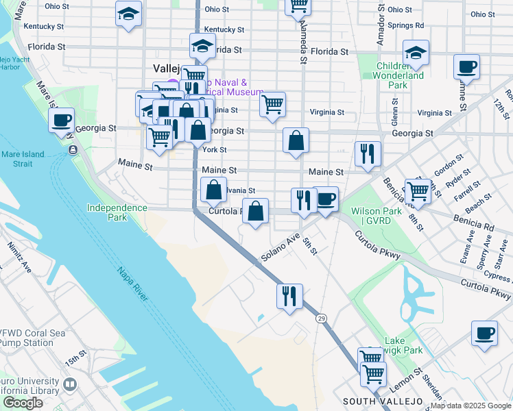map of restaurants, bars, coffee shops, grocery stores, and more near 500 Curtola Pkwy in Vallejo