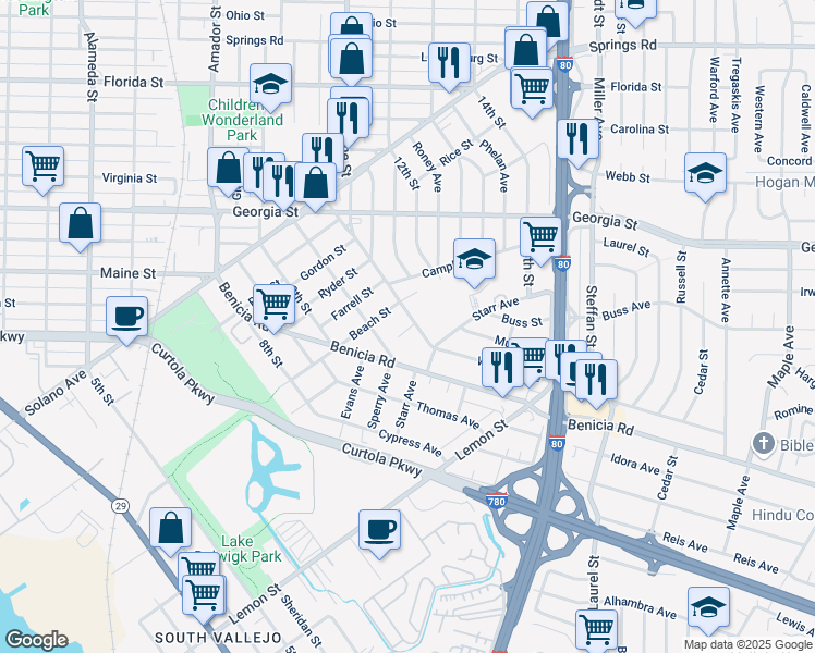map of restaurants, bars, coffee shops, grocery stores, and more near 314 Wallace Avenue in Vallejo