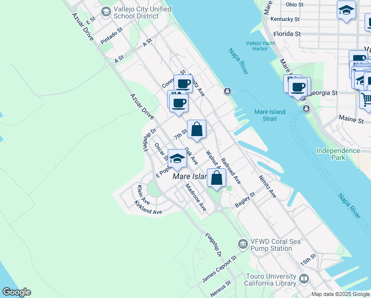 map of restaurants, bars, coffee shops, grocery stores, and more near 1034 Oak Avenue in Vallejo