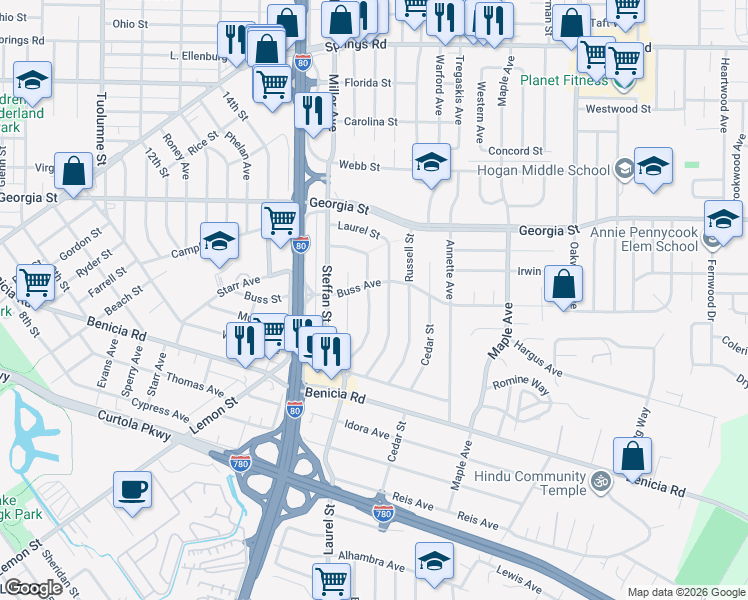 map of restaurants, bars, coffee shops, grocery stores, and more near 568 Jennings Avenue in Vallejo