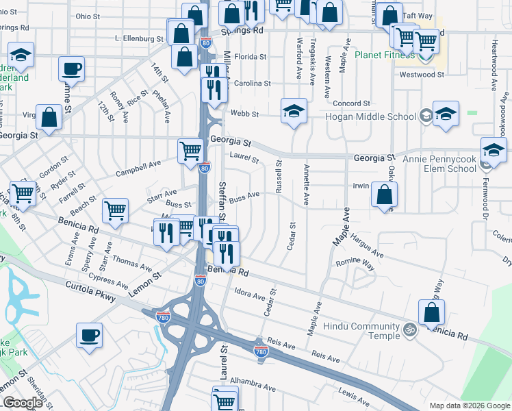 map of restaurants, bars, coffee shops, grocery stores, and more near 568 Jennings Avenue in Vallejo