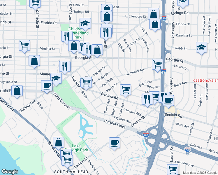 map of restaurants, bars, coffee shops, grocery stores, and more near 1348 Beach Street in Vallejo