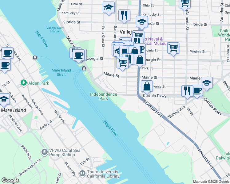 map of restaurants, bars, coffee shops, grocery stores, and more near 196 Nantucket Lane in Vallejo