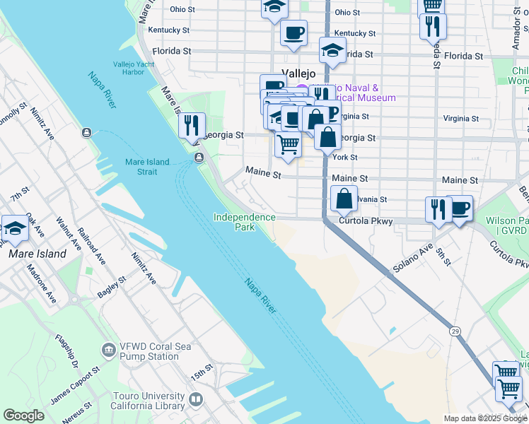 map of restaurants, bars, coffee shops, grocery stores, and more near 182 Nantucket Lane in Vallejo