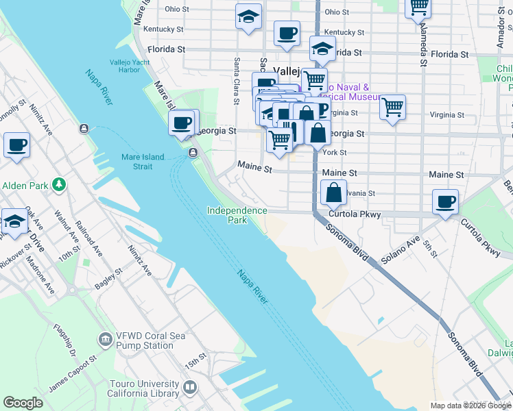 map of restaurants, bars, coffee shops, grocery stores, and more near 182 Nantucket Lane in Vallejo