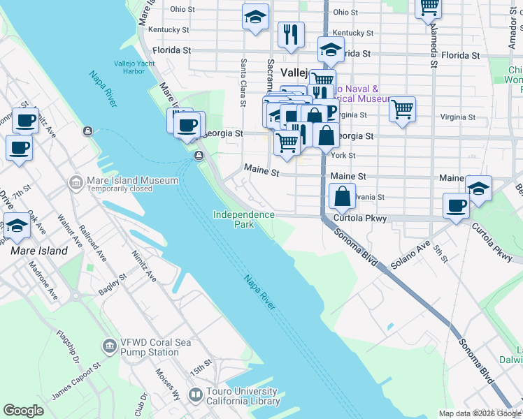 map of restaurants, bars, coffee shops, grocery stores, and more near 182 Nantucket Lane in Vallejo