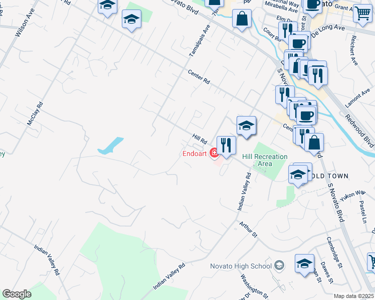 map of restaurants, bars, coffee shops, grocery stores, and more near 666 Canyon Road in Novato