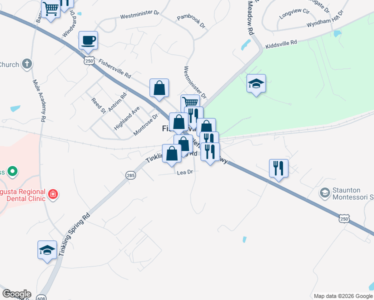 map of restaurants, bars, coffee shops, grocery stores, and more near 46 Tinkling Spring Road in Fishersville