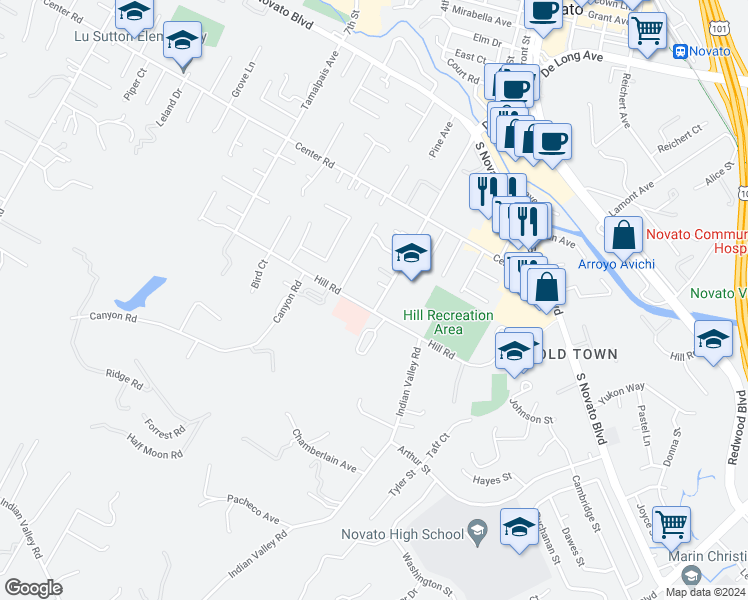 map of restaurants, bars, coffee shops, grocery stores, and more near 1583 Hill Road in Novato