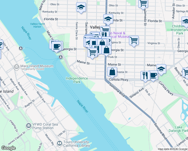 map of restaurants, bars, coffee shops, grocery stores, and more near 201 Maine Street in Vallejo