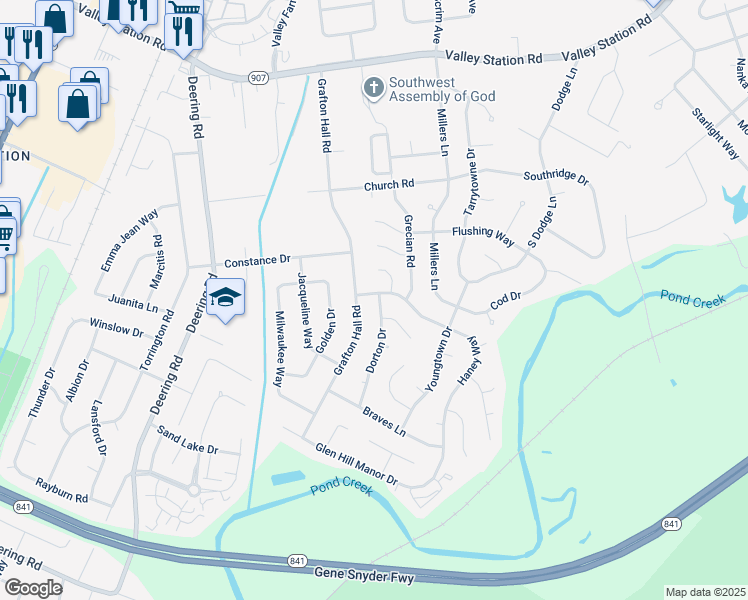 map of restaurants, bars, coffee shops, grocery stores, and more near 4810 Haney Way in Louisville