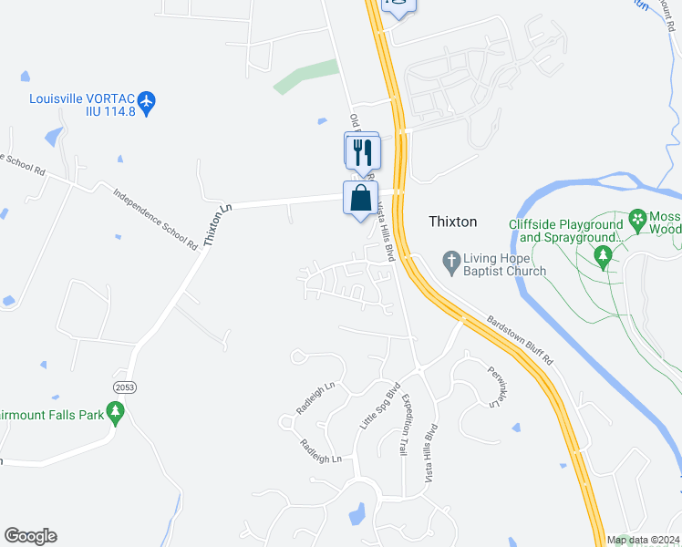 map of restaurants, bars, coffee shops, grocery stores, and more near 9905 Club Springs Way in Louisville