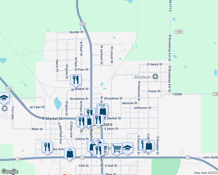 map of restaurants, bars, coffee shops, grocery stores, and more near Jackson Street in McLeansboro