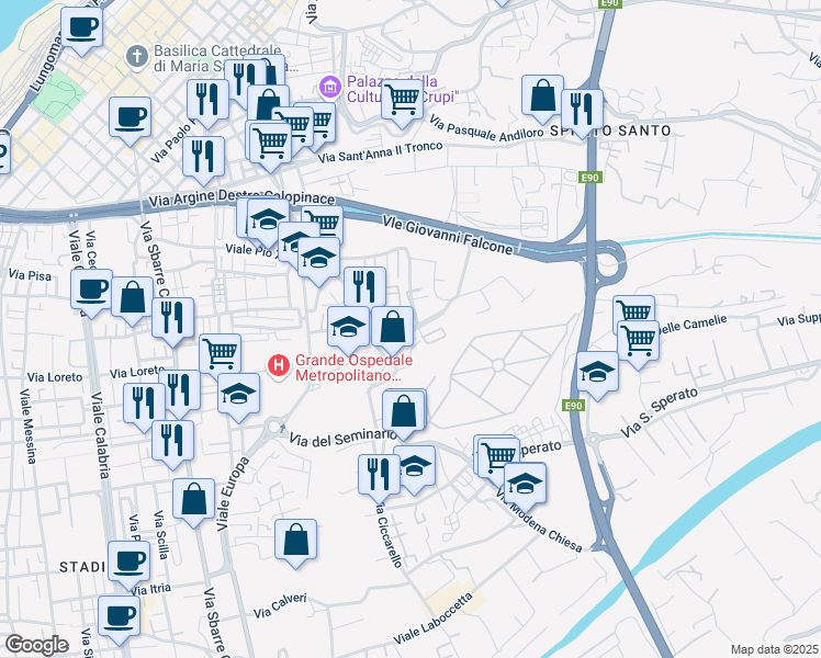 map of restaurants, bars, coffee shops, grocery stores, and more near Diramazione Gulli in Reggio Calabria