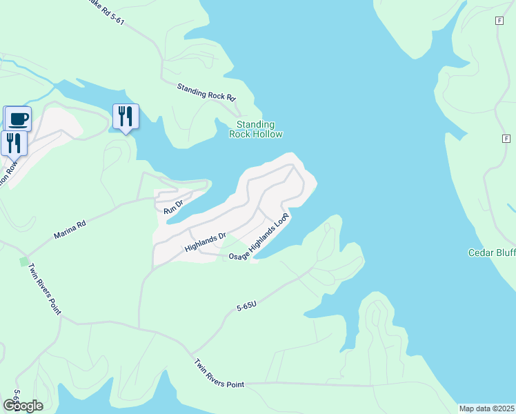 map of restaurants, bars, coffee shops, grocery stores, and more near 600 Highlands Drive in Camdenton