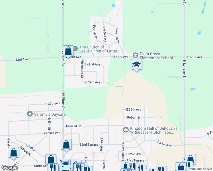 map of restaurants, bars, coffee shops, grocery stores, and more near Northeast Hutchinson Trail in Hutchinson