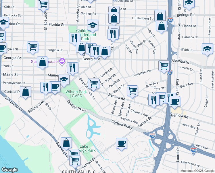 map of restaurants, bars, coffee shops, grocery stores, and more near 128 Benicia Road in Vallejo
