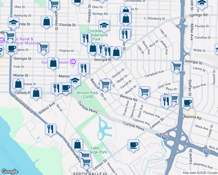 map of restaurants, bars, coffee shops, grocery stores, and more near 11 Cypress Avenue in Vallejo