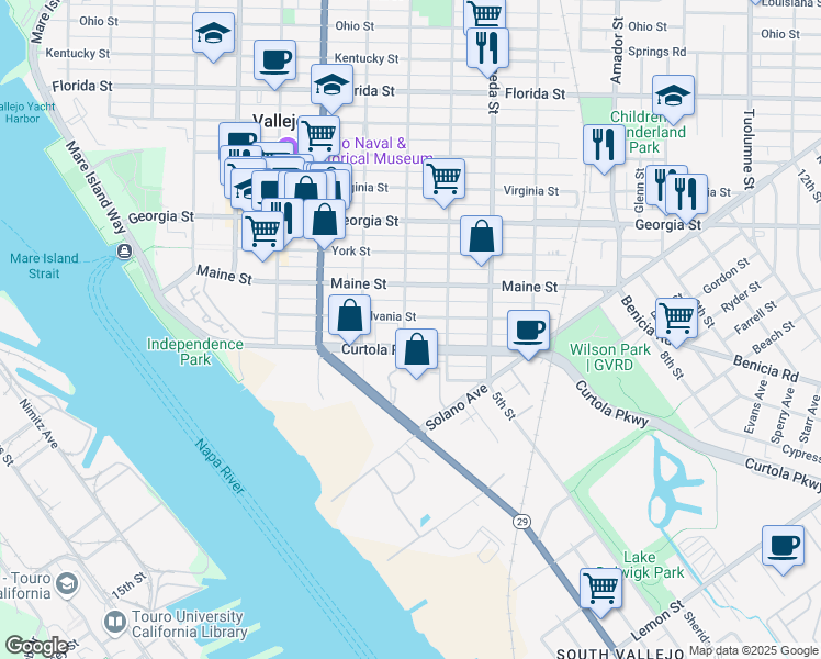 map of restaurants, bars, coffee shops, grocery stores, and more near 500 Curtola Parkway in Vallejo