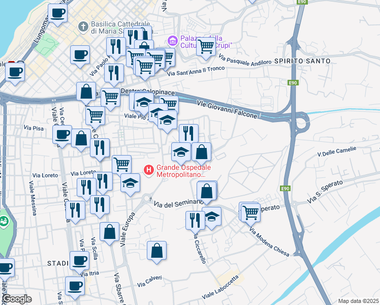 map of restaurants, bars, coffee shops, grocery stores, and more near Diramazione Gulli in Reggio Calabria