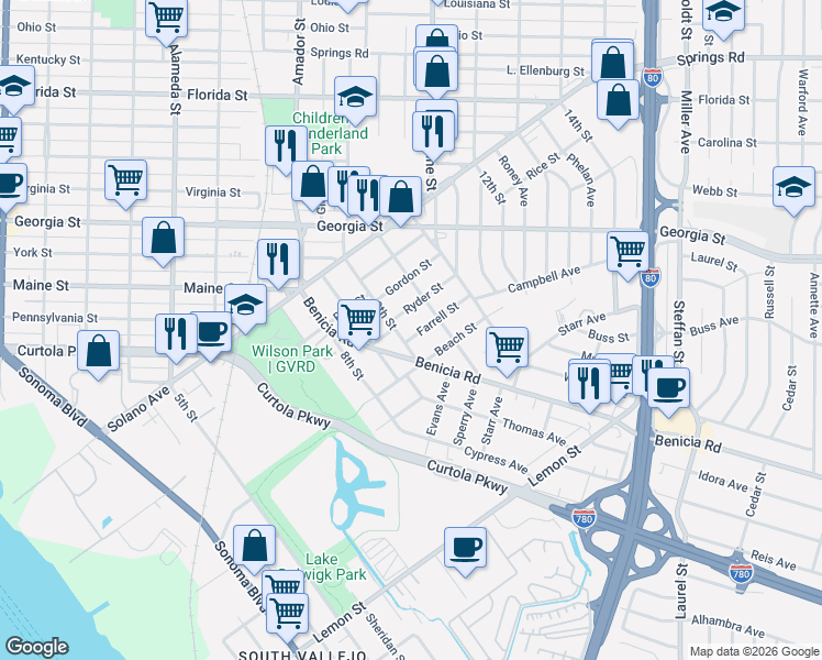 map of restaurants, bars, coffee shops, grocery stores, and more near 128 Benicia Road in Vallejo