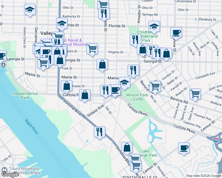 map of restaurants, bars, coffee shops, grocery stores, and more near 738 Curtola Parkway in Vallejo