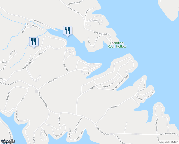 map of restaurants, bars, coffee shops, grocery stores, and more near 299 Run Drive in Camdenton