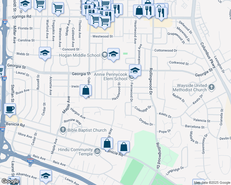 map of restaurants, bars, coffee shops, grocery stores, and more near 210 Baywood Drive in Vallejo