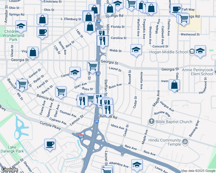 map of restaurants, bars, coffee shops, grocery stores, and more near 300 Buss Avenue in Vallejo