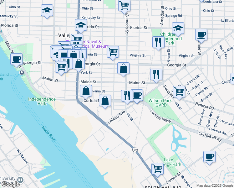 map of restaurants, bars, coffee shops, grocery stores, and more near 314 El Dorado Street in Vallejo