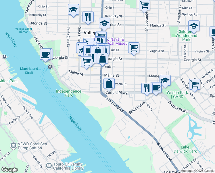 map of restaurants, bars, coffee shops, grocery stores, and more near 1412 Sonoma Boulevard in Vallejo