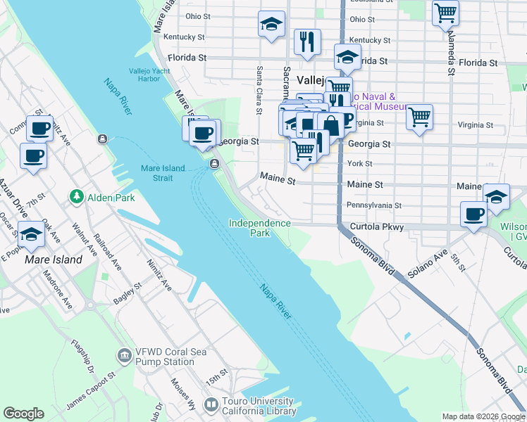 map of restaurants, bars, coffee shops, grocery stores, and more near 150 Nantucket Lane in Vallejo