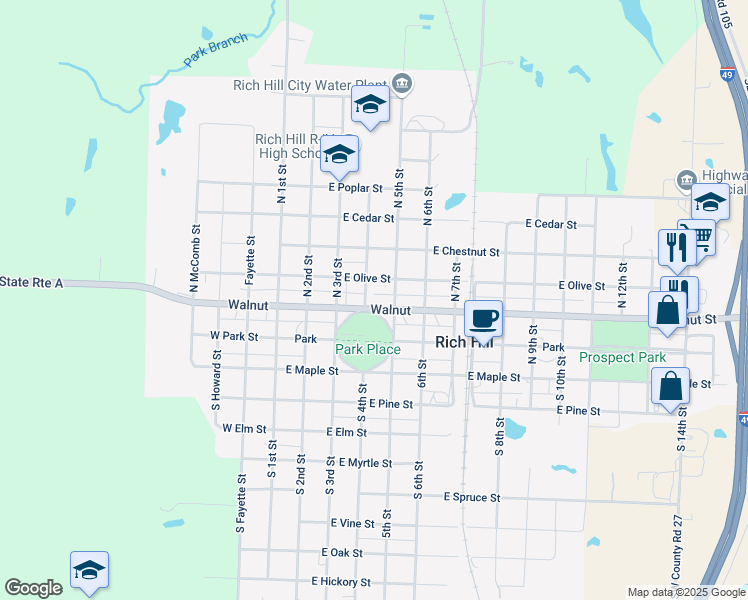 map of restaurants, bars, coffee shops, grocery stores, and more near 222 North 4th Street in Rich Hill