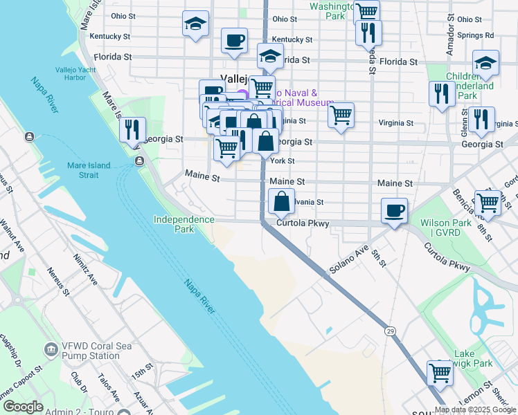 map of restaurants, bars, coffee shops, grocery stores, and more near 1319 Sonoma Boulevard in Vallejo
