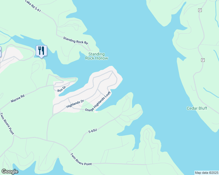 map of restaurants, bars, coffee shops, grocery stores, and more near 600-898 Highlands Drive in Camdenton