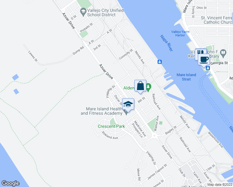 map of restaurants, bars, coffee shops, grocery stores, and more near 630 Oscar Street in Vallejo