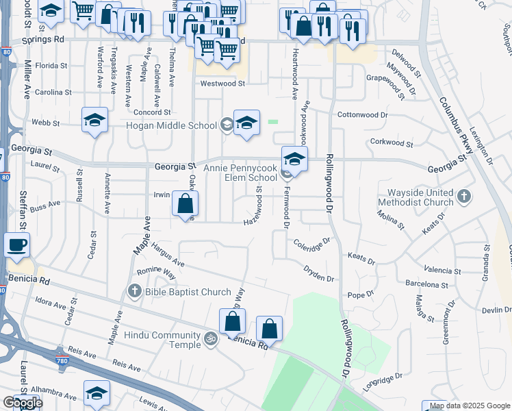 map of restaurants, bars, coffee shops, grocery stores, and more near 3519 Hazelwood Street in Vallejo