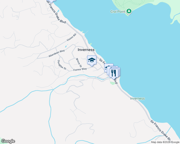 map of restaurants, bars, coffee shops, grocery stores, and more near 1 Forres Way in Inverness