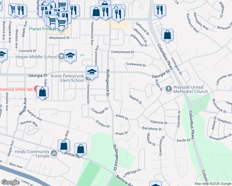 map of restaurants, bars, coffee shops, grocery stores, and more near 608 Lockwood Drive in Vallejo