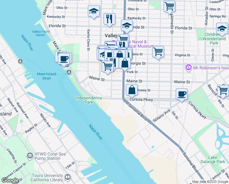 map of restaurants, bars, coffee shops, grocery stores, and more near 320 Pennsylvania Street in Vallejo