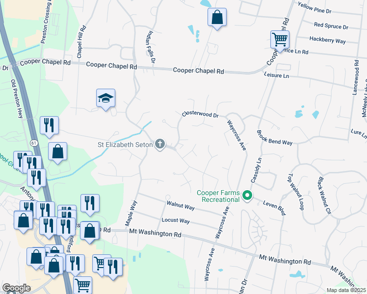 map of restaurants, bars, coffee shops, grocery stores, and more near 10225 Closterwood Drive in Louisville