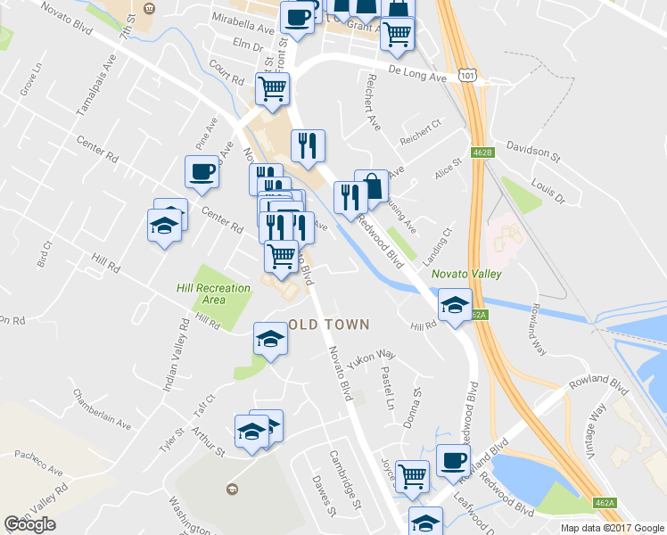 map of restaurants, bars, coffee shops, grocery stores, and more near 21 Lauren Avenue in Novato