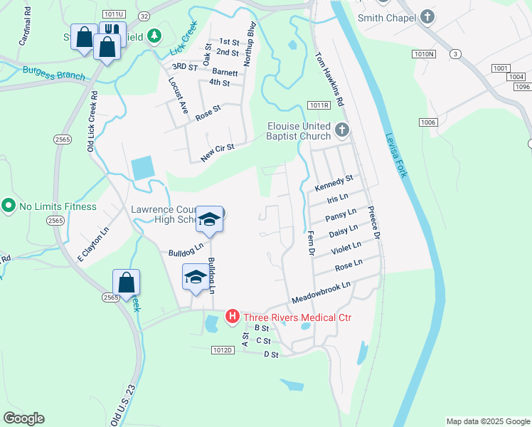 map of restaurants, bars, coffee shops, grocery stores, and more near Pinecrest Parkway in Louisa