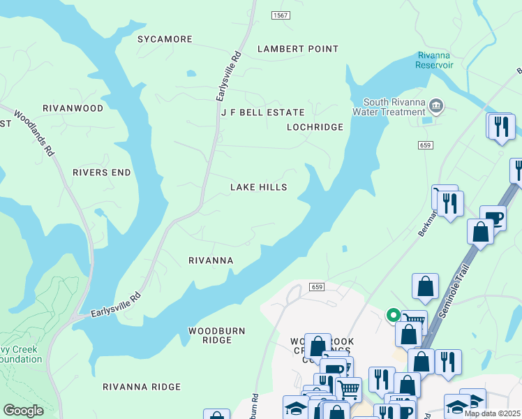 map of restaurants, bars, coffee shops, grocery stores, and more near 555 Milford Road in Earlysville