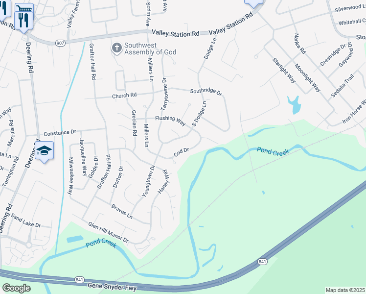 map of restaurants, bars, coffee shops, grocery stores, and more near 10517 South Dodge Lane in Louisville