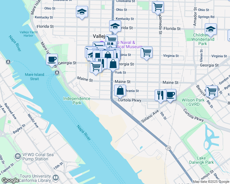 map of restaurants, bars, coffee shops, grocery stores, and more near 1412 Sonoma Boulevard in Vallejo